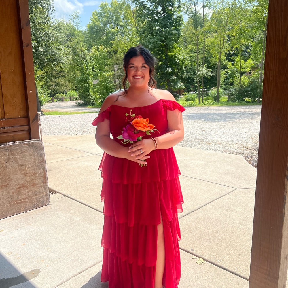 Azazie Scarlet Off-Shoulder Tiered Dress